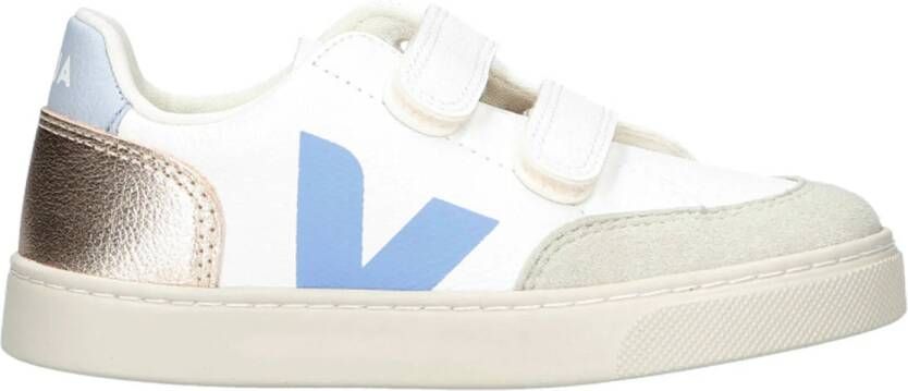 Veja SMALL V-12 leren sneakers wit lichtblauw goud