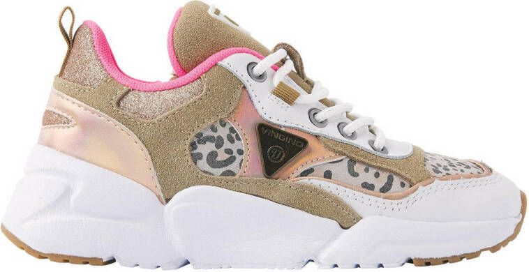 Vingino Beau chunky leren sneakers met panterprint beige roze