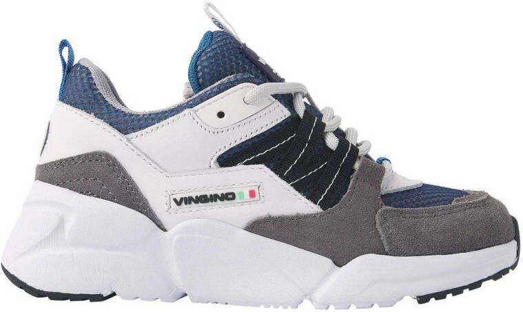 Vingino Stef leren sneakers grijs wit blauw