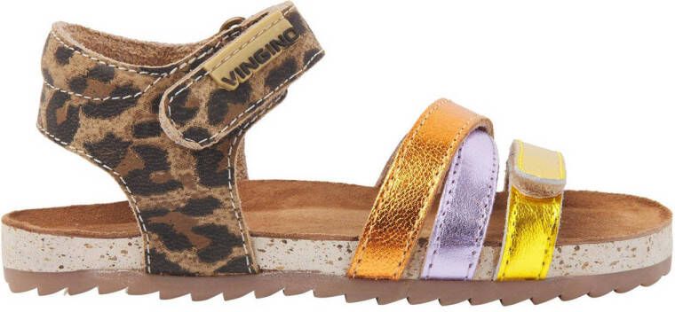 Vingino Vikki leren sandalen met panterprint bruin multi