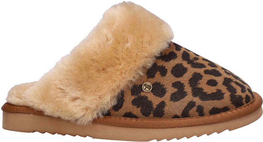 Warmbat Australia suède pantoffels met panterprint cognac zwart