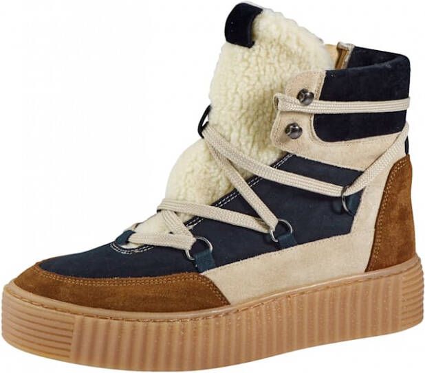 Studio W Hoge veterschoen in een harmonieuze kleurencombinatie Marine Cognac Beige