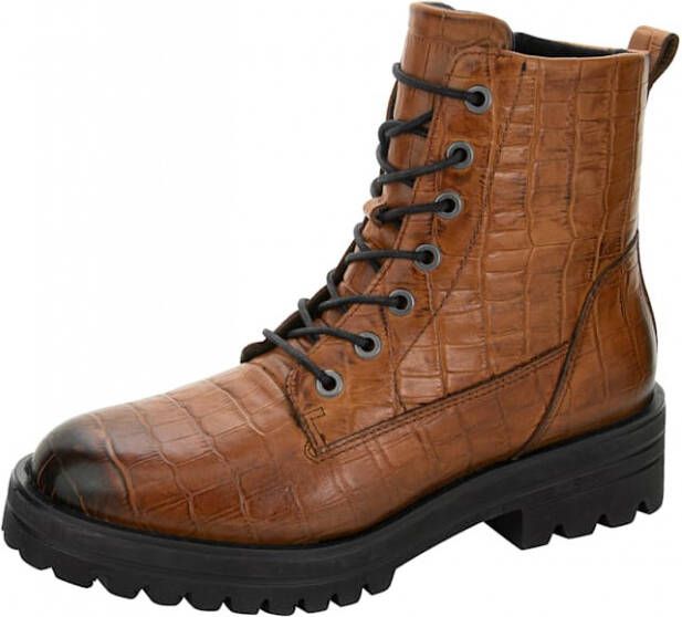 Studio W Hoge veterschoen in modieuze kroko- en used look Cognac