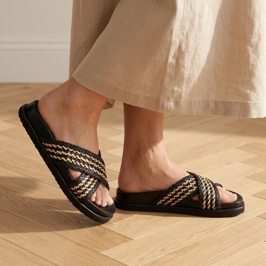 Cellini Raffia Slippers zwart Textiel - Foto 2