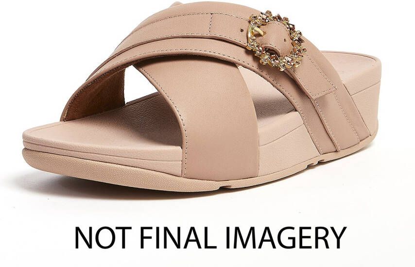 FitFlop Lulu Crystal-Buckle Leather Cross Slides BEIGE