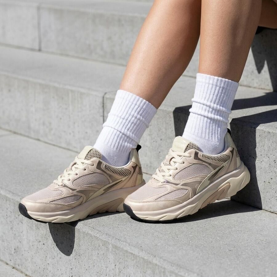 Gabor 86.936.39 Rolling Soft Sneakers Beige Leer en Mesh Dames Breed Beige