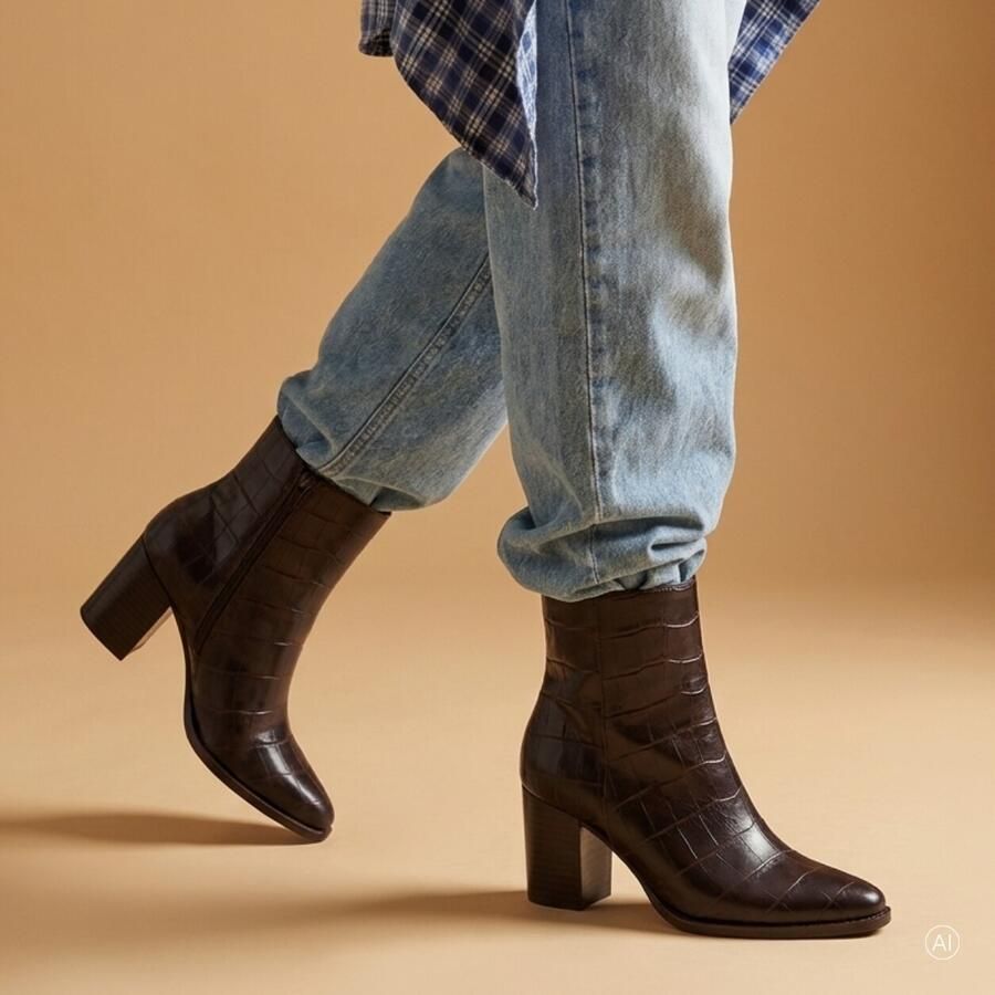 Linea zeta Enkellaarzen Croco Met Hak bruin Leer