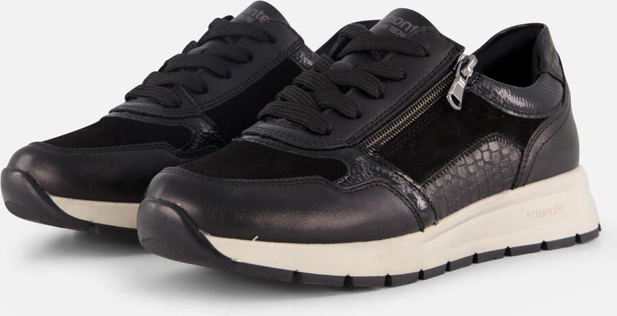 Remonte Zwarte Leren Dames Sneakers Slangenprint Zwart