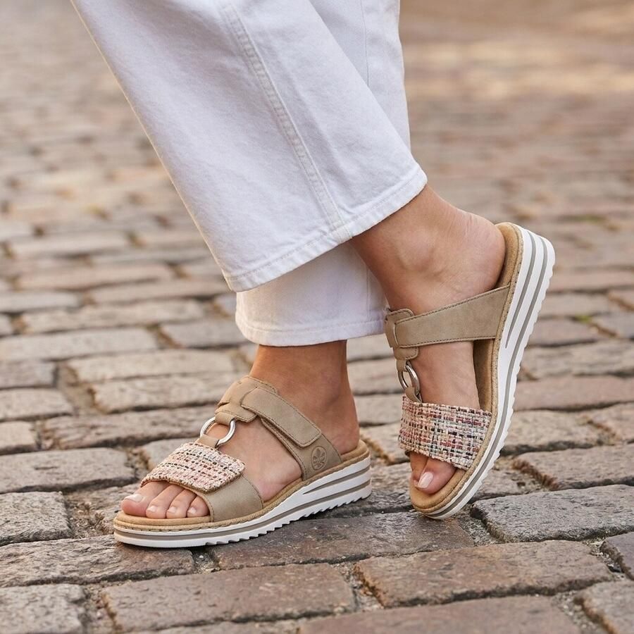 Rieker -Dames beige donker slippers & muiltjes