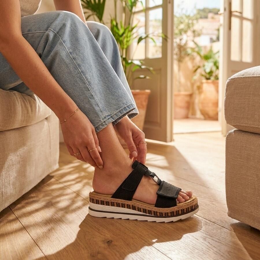 Rieker Zwarte synthetische sliders met comfortabel voetbed en klittenbandsluiting Black