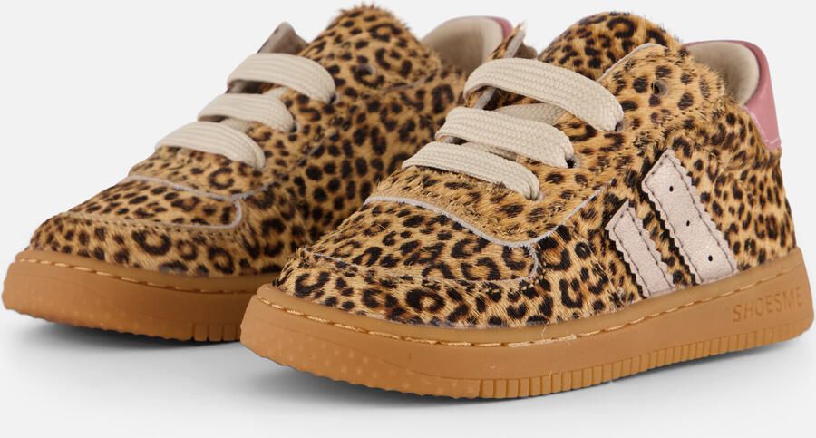 Shoesme leren sneakers met ponyhair en panterprint beige zwart