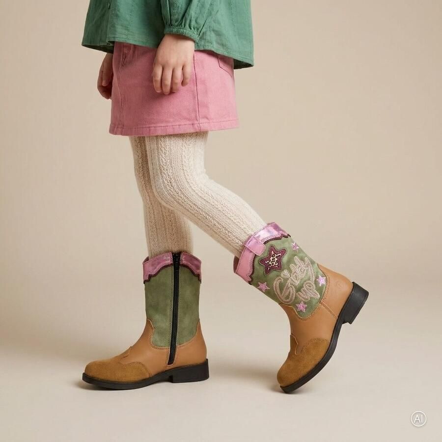 Shoesme Cognac Cowboylaars Laarzen Kinderen Meisjes Cognac Green Pink Microfiber leer - Foto 7