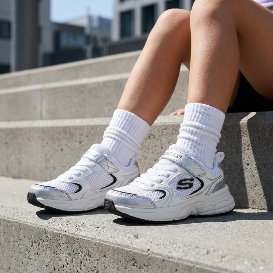 Skechers RETRO-GRAPH Meisjes Veterschoenen Wit Zilver