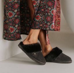 Warmbat Pantoffels Dames Sloffen Instappers Wol Harde zool Open hiel Flurry Zwart