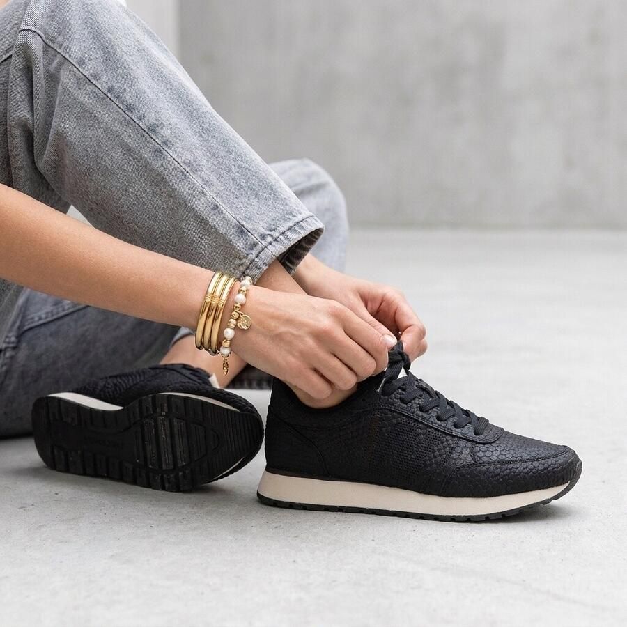 Woden Ronja Croco leren sneakers met crocoprint zwart