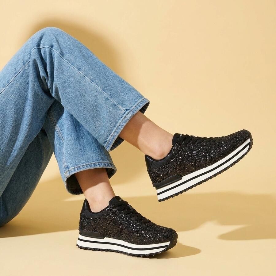 Woden Ronja Glitter Plateau Sneakers zwart Dames