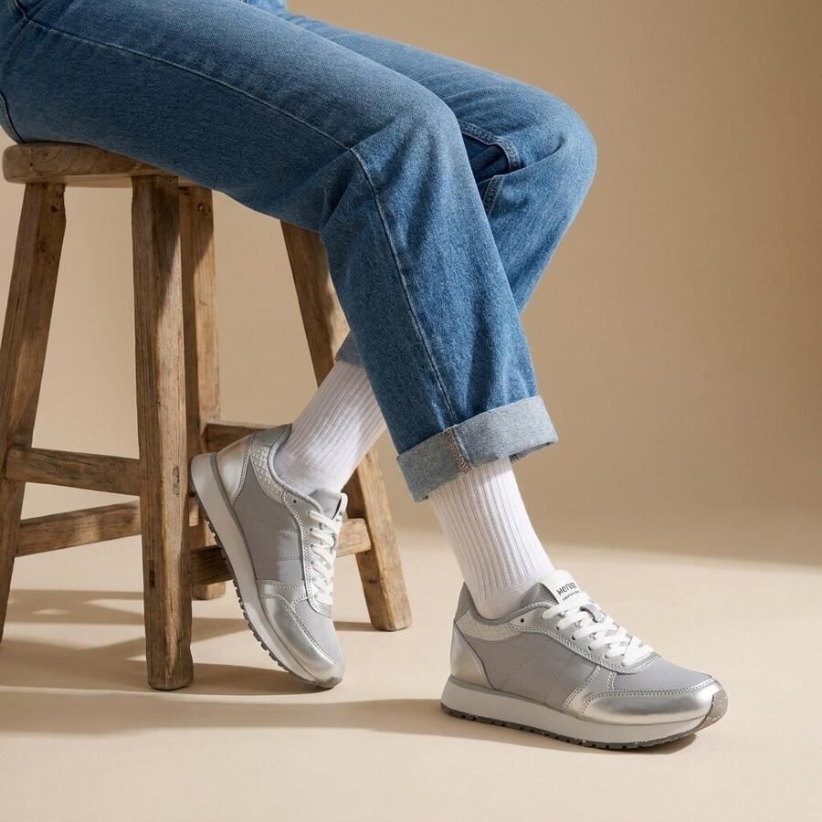 Woden Ronja Metallic Sneakers zilver Leer