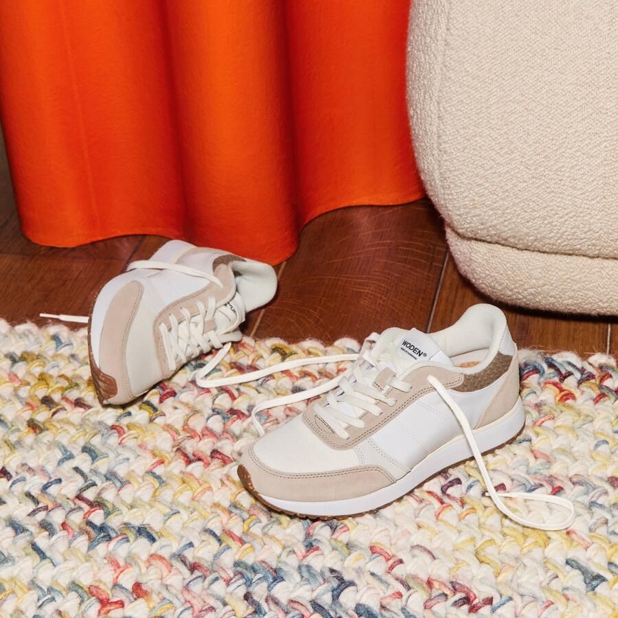 Woden Kleur-geblokkeerde leren sneakers met kurkzool White Dames